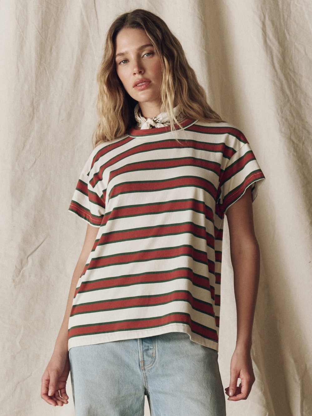 The Great Boxy Crew Tee Cream Brindle Stripe Cotton Relaxed Shirt Size 1 Small